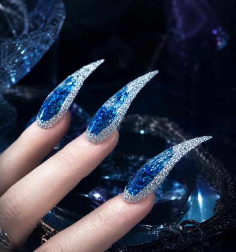 POPSOUL Dragon Claw Press On Nails, Handmade Short Natural False Nails, 3D Floating Glitter Aquarium Nails, Sharp Curved Stiletto Tips for Cyber, Ocean, Cosplay & Party Looks