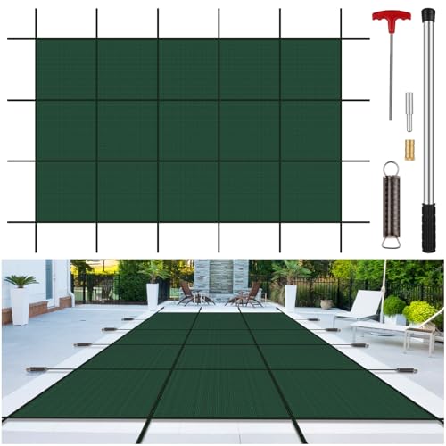 Photo 1 of Inground Pool Cover Safety Fits 16x30ft Rectangle Swimming Pool, Mesh Solid Pool Cover for Inground Pools,Winter Pool Safety Cover Includes Safety Net and Installation Tools Green