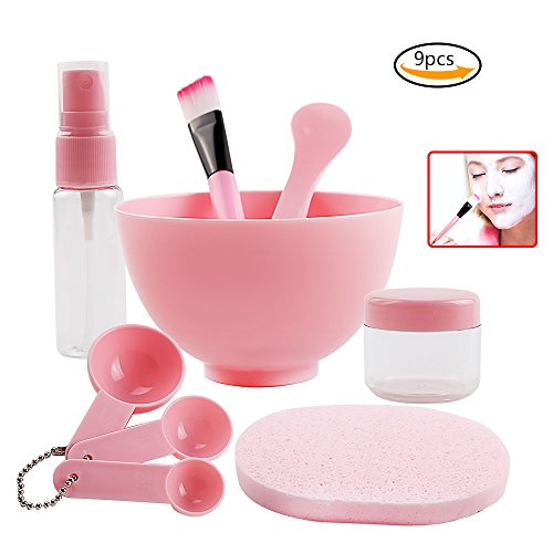 Teenitor Face Mask Mixing Bowl Set with Big Volume 3.94   Diameter, Lady Facial Care Mask Facemask Mixing Tool Sets Mask Bowl Spatula Brush Spray Bottle Puff Soaking Bottle Gauges Pack of 9 Pink