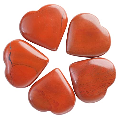 Crocon 5 Pcs Red Jasper Heart stone 25mm Mini Heart Shape gemstone Puff Stones Set 400+ Carats Pocket Crystal Healing Tumble Collection Palm Worry Stone Good Luck Meditation Gift Craft Home Decor — image 1
