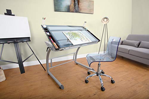 Studio Designs Triflex Drawing Table, Sit to Stand Up Adjustable Desk, Silver/Blue Glass - Thumbnail 7