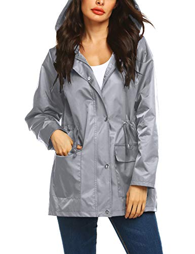 URRU Women's Waterproof Outdoor Raincoat Lightweight Rain Jacket Active Hooded Windbreaker Trench Coat Grey M - Thumbnail 4