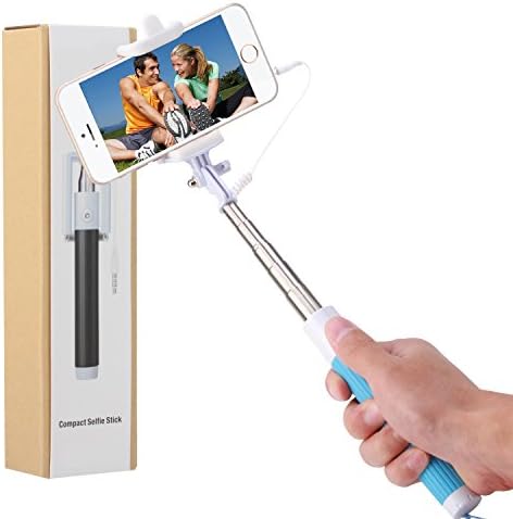 Selfie Stick, nilogie® Plug-N-Snap NIL-303 Pocket Size Self Portrait Extendable Handheld Monopod Stick with Adjustable Phone Holder with Built-in Remote Shutter - Charge Free - Designed for Apple iPhone and Android Smartphones - Blue