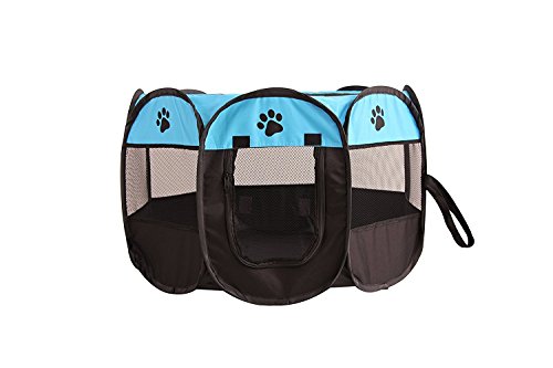 UNFADE MEMORY Portable Foldable Pet Playpen, Indoor/Outdoor, Dog/Cat/Puppy Exercise pen Kennel, Removable Mesh Shade Cover, dog pop up silhouettes pet pen - Blue, M