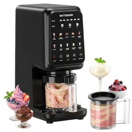 ROTTOGOON Ice Cream Maker with 3 Cups, 10 Programmes for Ice Cream, Sorbet Gelato & Frozen Yogurt, 2-in-1 Flavour Option, Soft Ice Cream Machine for Home with Mix In Function & Automatic Cleaning