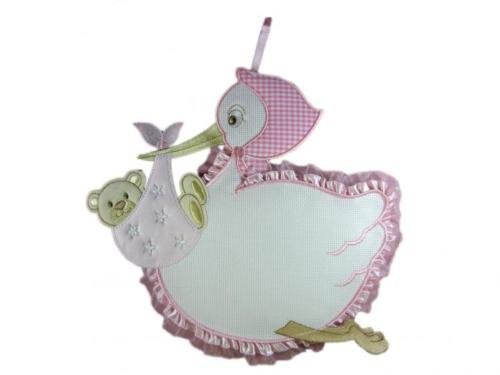 Micfior Bow Birth/Rosette Stork - Handmade Pink Cross Stitch Kit, Soft Stork Gift with Teddy Bear, Baby Shower Decoration, 30 cm x 25 cm, Made in Italy