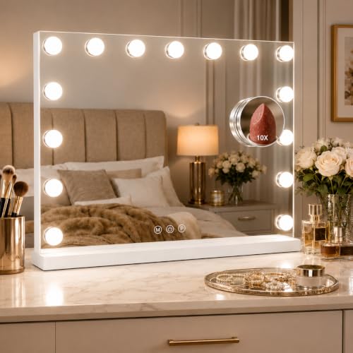 Hcosmy Vanity Mirror with Lights Lighted Makeup Mirror with 15 Dimmable LED Bulbs,3 Color Lighting Modes,USB Charging Port Touch Control,Sturdy Metal Frame Design 24x18 Inch