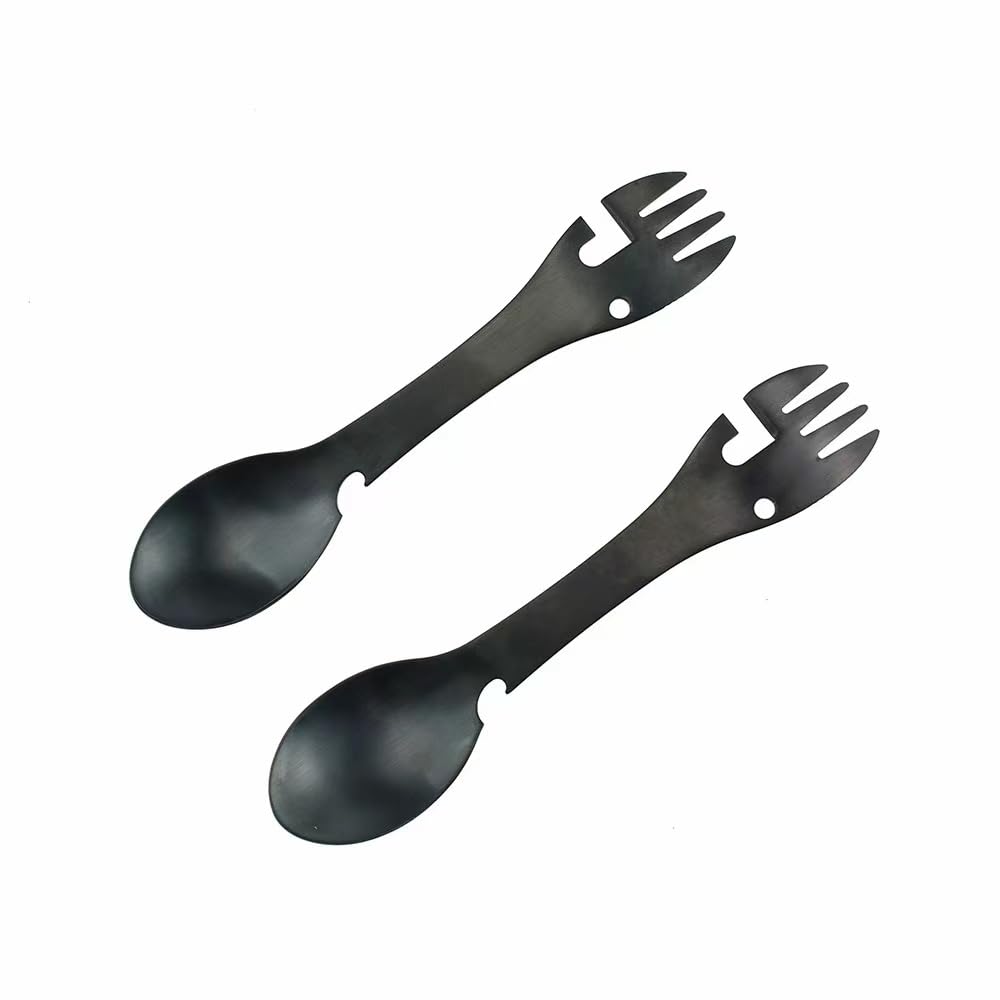 Travel Cutlery - Premium Titanium Spork Reusable- Portable Camping Cutlery Set,Bottle Can Opener Outdoor Spoon Fork Eating Multi-Tool Utensil (2PCS Black)