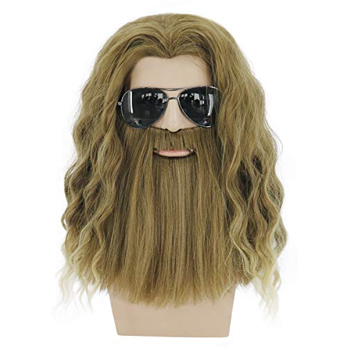 Mildiso Men Cosplay Wig Golden Brown Mustache Wig Halloween Costume Anime Party Wigs Long Curly Male Hair Wigs with Wig Cap M094