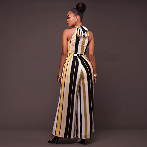 Women's Sleeveless Jumpsuit Turtleneck Stripes Playsuit High Waist Flared Jumpsuits Rompers Pant(Yellow,M)
