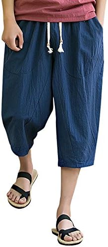 Inverlee-Mens Casual Slim Sports Pants Calf-Length Linen Trousers Baggy Harem Pants