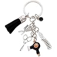 Fuqimanman2020 Comb Scissors Hair Dryer Keychain with Tassel and Black Diamond Charm Hairdresser Hair Stylist Gift Jewelry