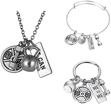 iDMSON Unisex Stainless Steel Weight Lifting Barbell Kettlebell Fitness Fitness Gym Dumbbell Workout Exercise Silver Charm Jewelry Set Necklace Keyring Bracelet (Style 2)