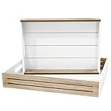 Blu Monaco Wooden Serving Tray - Ottoman Tray - Coffee Table Tray - 2 Piece Set - with Carrying Handles - Country Rustic White Washed and Natural Wood