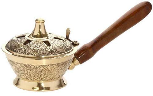 NKlaus Incense Pan Wooden Handle Handmade Brass Incense Burner Esoteric Gold Deco 1542