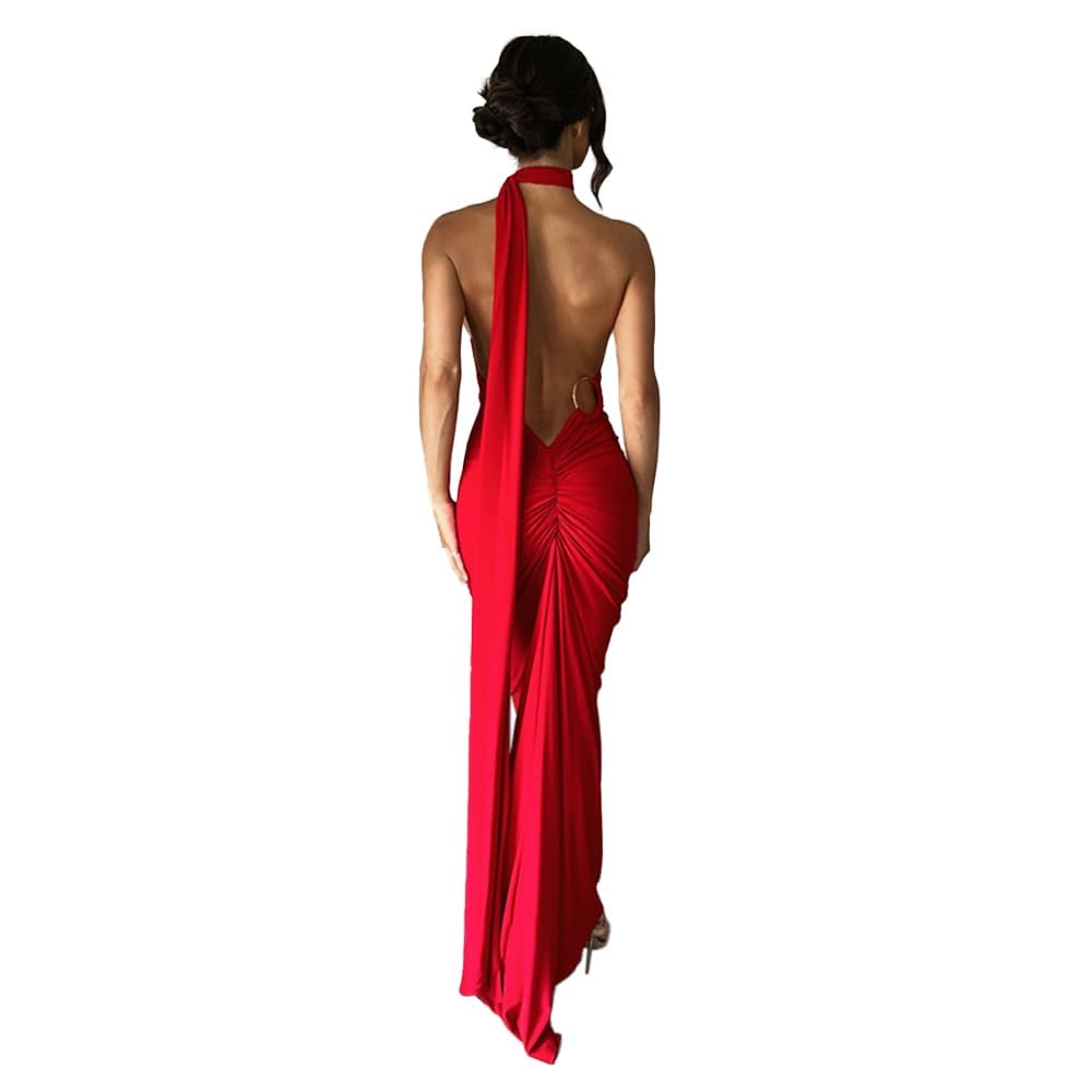 Photo 1 of ABYOVRT Women Sexy Backless Bodycon Sleeveless Open Back Maxi Dress Going Out Elegant Party Cocktail Long Dress (B-Red, L)