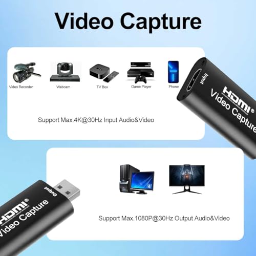 T Tersely Portable Audio Video Capture Cards, HDMI to USB 2.0 1080P 4K Record Via DSLR Camcorder Action Cam Link for High Definition Acquisition, Live Broadcasting, Video Conference, Teaching, Gaming