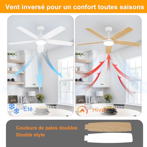 Dorlink Ceiling Fan with Light and Remote Control, 132 cm, Silent Reversible DC Motor, Ceiling Fan with Light for Bedroom, Living Room, Kitchen, Natural Wood Tint/White