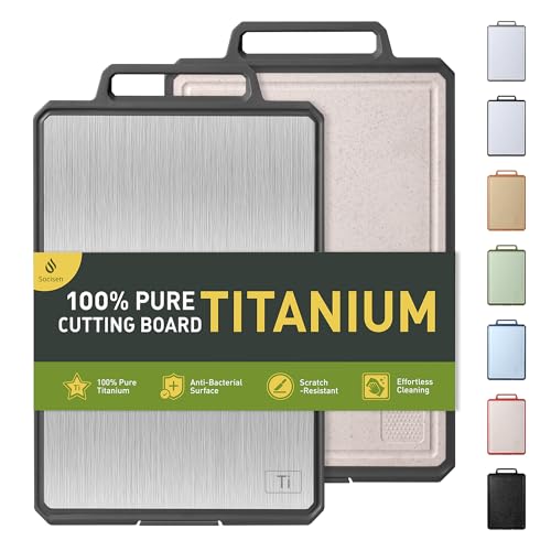 Titanium Cutting Boards for Kitchen Non Toxic Chopping Board with Handle Large Big Small Kitchen Meat Butcher Block 2 in 1 Pure Titanium and Wheat Straw PP Not Wood Bamboo Plastic Teak Grey/Beige