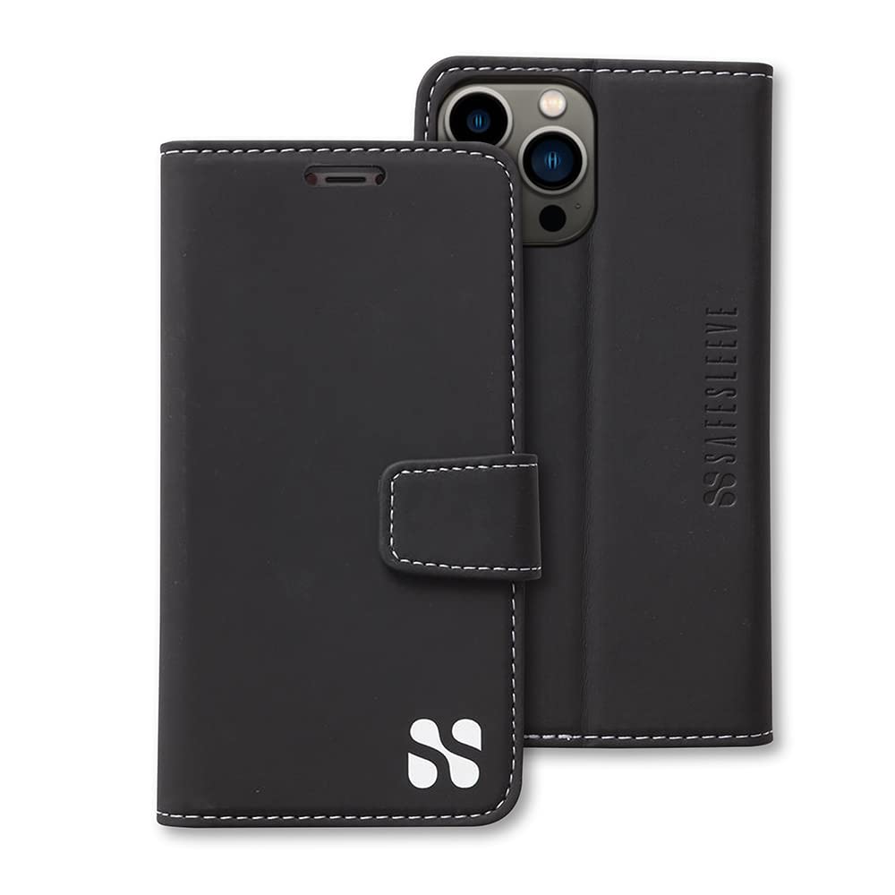 SafeSleeve Wallet Leather Case for iPhone 13 Pro Max EMF Blocker for Cell Phone – Premium Vegan Leather Folio with 3 Card Slots, Built-in Stand, and Durable Protective Cover for Men and Women (Black)