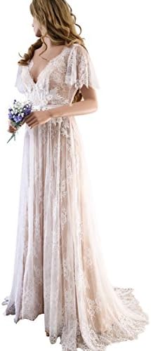 XJLY Elegant V-Neck Boho Champagne Lace Beach Wedding Dresses Country Style Bridal Gown