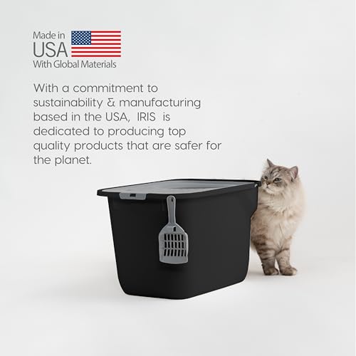 IRIS USA Arenero Rectangular para Gatos con Entrada Superior y Pala, Gran arenero para Gatos, arenero para Gatitos, Negro/Gris