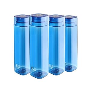 Cello H2O Squaremate Plastic Water Bottle, 1-Liter, Set of 4, Blue