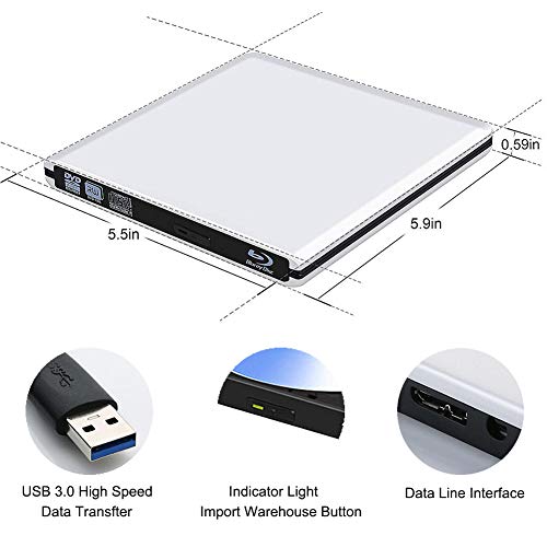 Blu Ray Drive External, Blu-ray Player USB 3.0 DVD CD RAM Burner Play 3D 4K Disk CD Re-Writer Ultra-Slim Portable Compatible for Notebook Mac Book OS Windows 7 8 10 PC (Sliver)