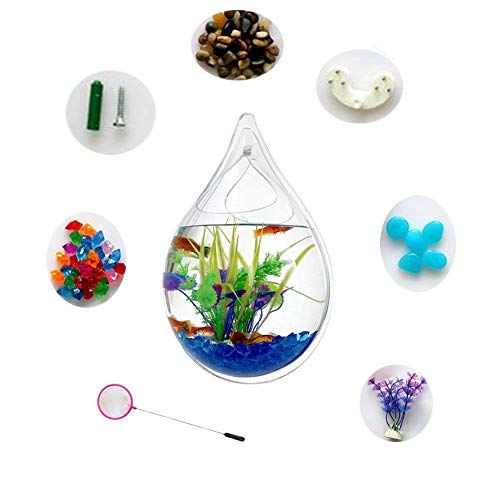 Hofumix Wall Hanging Fish Tank Acrylic Fish Bubble Water Drop Type Flower Pot with Fake Plants 9.4in