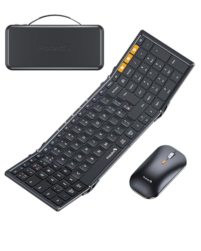 ProtoArc Foldable Keyboard and Mouse Combo, Folding Bluetooth Keyboard Mouse for Travel, 2.4G+Dual Bluetooth, Full-Size Rechargeable Portable, QWERTY UK Layout - Black | 105-key keyboard, slim mouse, hard case and phone stand; 3-device Bluetooth & 2.4G switching, for travel office use
