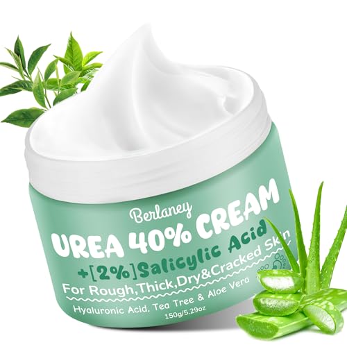 Berlaney Urea Cream 40 Percent For Feet Maximum Strength plus 2% Salicylic Acid 5.29 oz, Fast-Absorbing Foot Cream for Dry Cracked Skin with Tea Tree ＆ Aloe Vera, Callus Remover, Deep Moisturizing