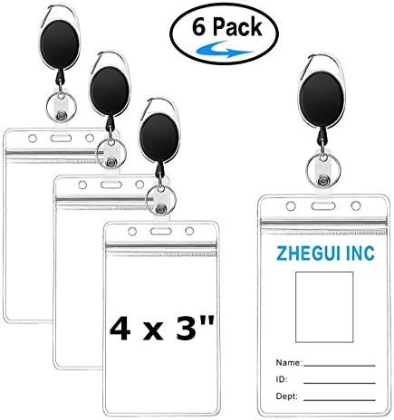 Name Tag Holders 4x3 Vertical Clear with ID Card Retractable Badge Holder Reel Clips 6 Pack by ZHEGUI