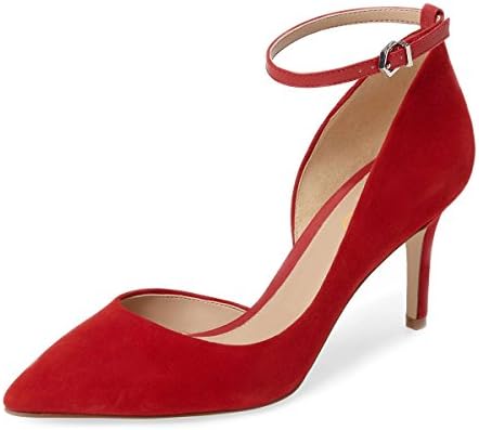 XYD Women Pointed Toe D'Orsay Mid Heel Pumps Ankle Strap Buckled Wedding Party Dress Shoes Size 8 Scarlet