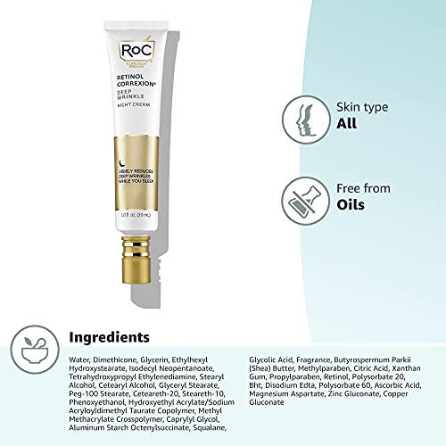 RoC Retinol Correxion Night Cream for Deep Wrinkles, Anti Aging Skincare Treatment Women and Men, 1.0 oz