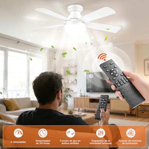 Ventilador de Techo con Luz de 42 Inch/107cm, Montaje Empotrado con Control Remoto, Silencioso de 5 Aspas, 3cct+6 Velocidades, Motor Reversible, Blanco