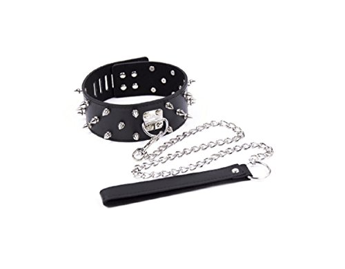 KODORIA Leather Choker with Rivet Neck Collar Adjustable Collar with Detachable Chain Leash for Adults - Black