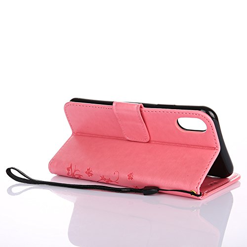 Wallet Leather Case for iPhone X,Book Style Pu Leather Case for iPhone X,Herzzer Retro Light Pink Butterfly Flower Pattern Flip Fold Pouch Case with Card Holders Stand Magnetic Case - Thumbnail 5