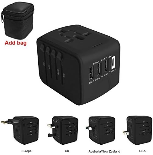 International Power Adapter, All in One Universal Travel Plug Adapter with 1 Type-C and 3 USB Ports, Converters and Travel Adapters for Europe, UK, US, AU & Asia - Safety Fuse (Black)
