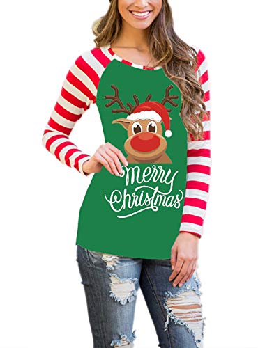 DREAGAL Red Stripe Long Sleeves Christmas Reindeer Print Pullover Tops M
