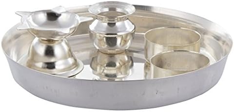 Paheli Craft Silver Metal Pooja Thali (White, Standard)