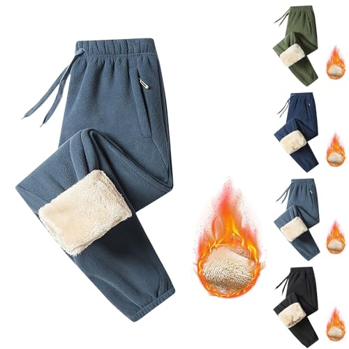 Mens Fleece Lined Joggers Winter Fuzzy Wide Leg Trousers Straight Leg Joggers Fleece Lined Pants with Zip Pockets Warm Tracksuit Bottoms Jogging Drawstring Sport Outdoor Trousers for Men UK