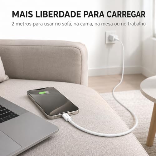 Cabo USB-C para USB-C 2 Metros 60W, Nylon Trançado Reforçado, Carga e Dados, Compatível com iPhone 15/16, Samsung Galaxy, Xiaomi, iPad, MacBook, Notebook e Tablet