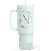 Personalized Monogrammed Tumbler with Handle 40oz, Letter N Tumblers Insulated Coffee Travel Cup, Custom Initial Gift for Women Girls Friends, Monogram Gift for Christmas Birthday Mothers Day