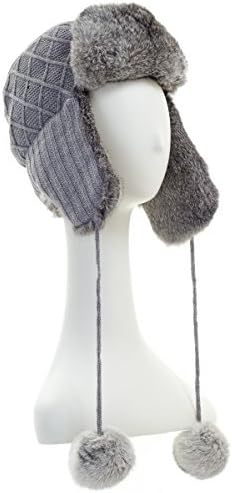 Surell Womens Grey Rabbit Fur Trimmed Knit Trapper / Avaitor Hat w/ Pom Pom