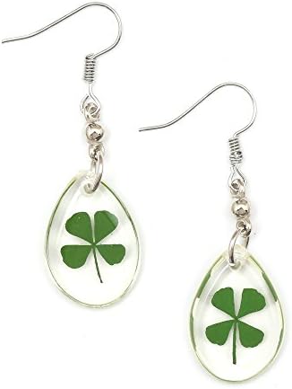 Idin Drop Earrings - Green 4 Leaf clover in clear teardrop resin dangle earrings (Length approx. 4 x 1.3 cm)