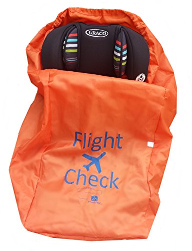 Alnoor USA Car Seat Travel Bag and Carrier for Gate Check with Travel Pouch - Bright Orange with Blue Letters for Airport, Airplane Gate Check, Car Trips, Carseat Travel Bag for Travel & Storage