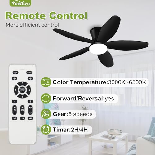Yoedivu Black Ceiling Fan with Light, 42 Inch Low Profile Flush Mount Ceiling Fan 6-Speed Wind, Quiet Reversible DC Motor, 3 Color Dimmable Lighting, Small Ceiling Fan for Living Room/Kitchen/Bedroom