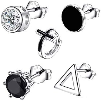 Earrings for Men, 5 SINGLE Mens Hoop Stud Earrings Set, 925 Sterling Silver CZ Hypoallergenic Fashion Jewelry, Black Triangle Cross Round Crown Style with Gift Box