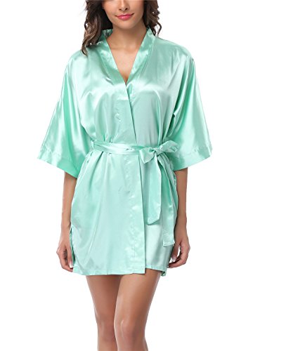 FADSHOW Women's Silk Kimono Robes Bathrobes Short Wedding Robes for Bridal Party,Light Green - Thumbnail 3