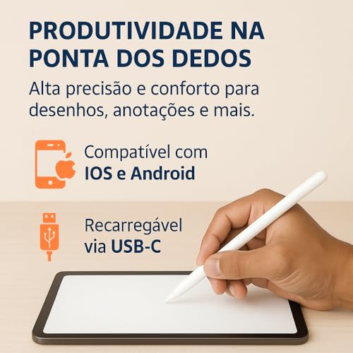 Caneta Digital Stylus Touch Screen | Recarregável USB, Alta Precisão, Ponta Fina 1.5mm, Compatível iOS e Android
